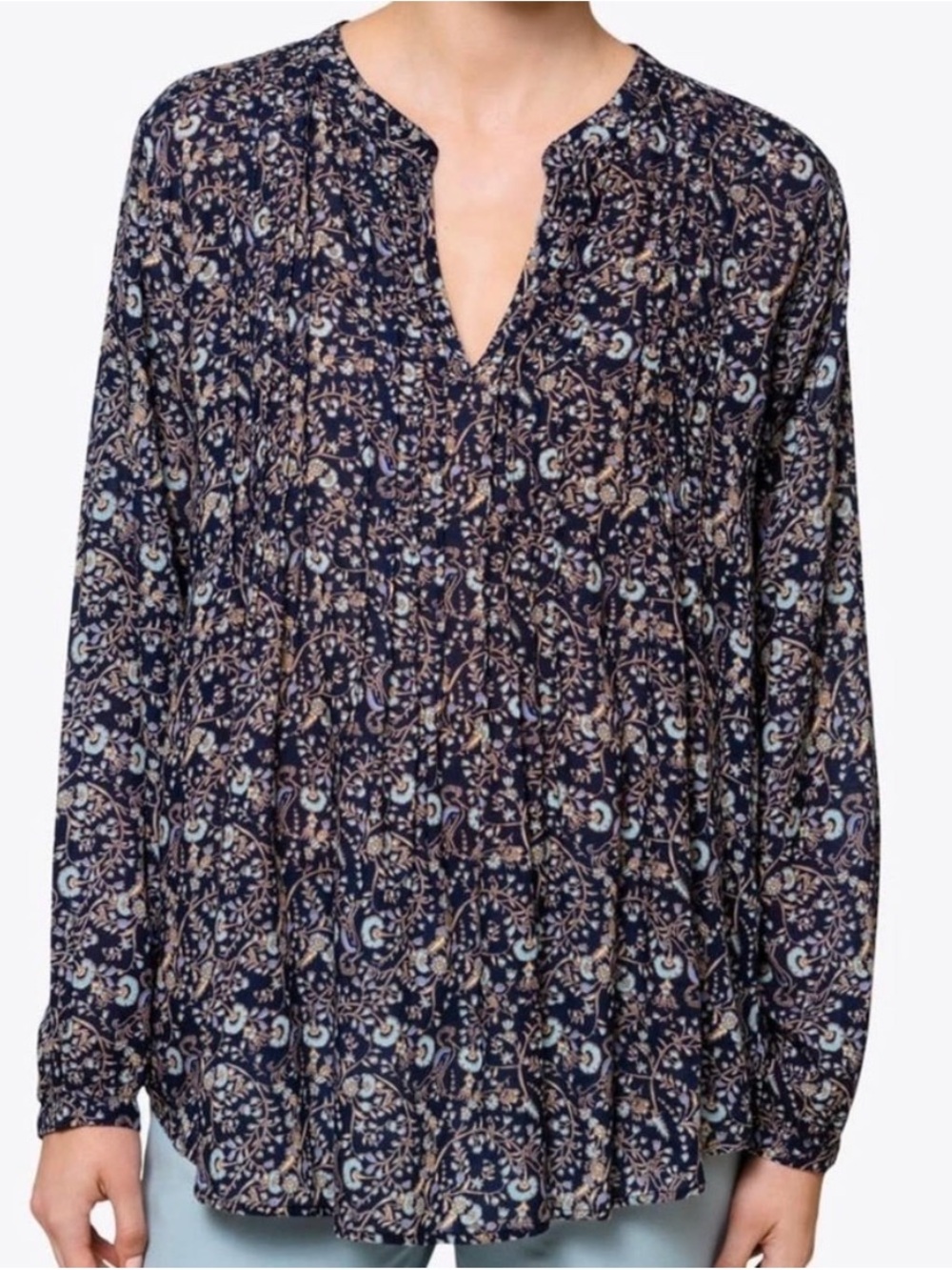 Roller Rabbit Navy Floral Long Sleeve Pleated Blouse Size Small Fall Boho Preppy